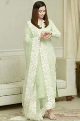 KP210-Pista- 3PC Lawn Heavy Embroidered Shirt With Organza Embroidered Dupatta